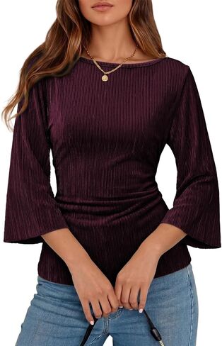 Dokotoo Womens Tops Casual Boat Neck Bell 3/4 Sleeve Shirt Ribbed Knit Criss Cross Tie Waist Pleated Work Office Blouse in Kuwait