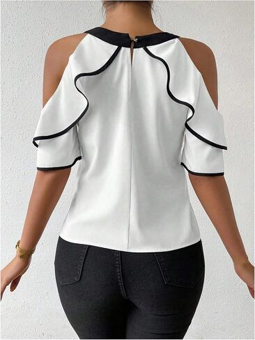 WDIRARA Women's Cold Shoulder Flounce Sleeve Shirts Casual Bow Tie Contrast Trim Blouses Tops in Kuwait