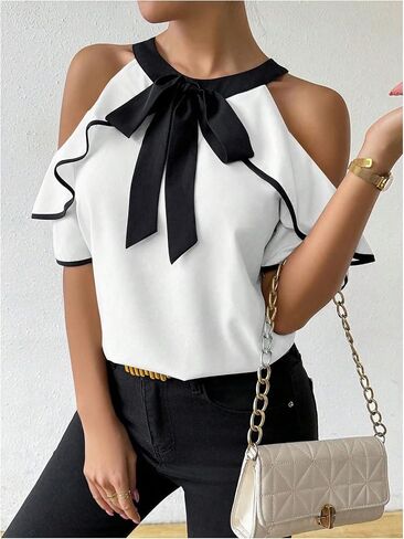 WDIRARA Women's Cold Shoulder Flounce Sleeve Shirts Casual Bow Tie Contrast Trim Blouses Tops in Kuwait