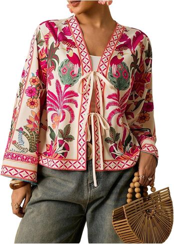 OYOANGLE Women's Plus Size Boho Tropical Bow Tie Front Blouse Long Bell Sleeve V Neck Peasant Tops in Kuwait