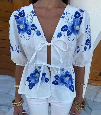 Women Tie Front Y2K Babydoll Tops Summer Puff Short Sleeve Cute Ruffle Floral Shirts Going Out Trendy Tops Blouse in Kuwait