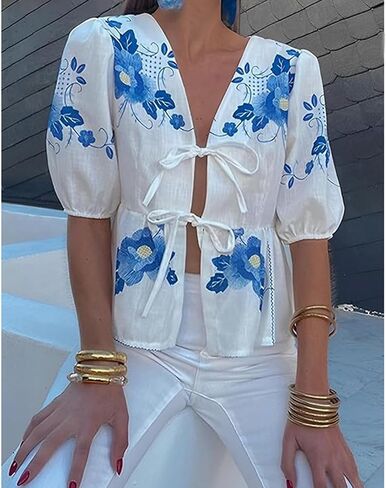Women Tie Front Y2K Babydoll Tops Summer Puff Short Sleeve Cute Ruffle Floral Shirts Going Out Trendy Tops Blouse in Kuwait