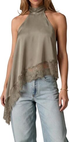 Women's Satin Halter Neck Top Elegant Asymmetrical Lace Trim Silk Tank Cami 2026 Summer Fashion Going Out Clothes in Saudi Arabia