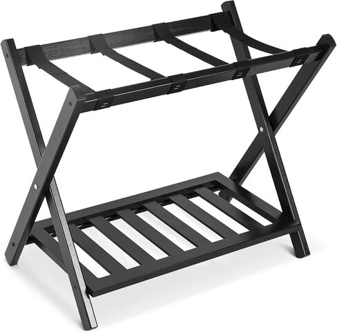 Babion Folding Luggage Racks with Shelf, Set of 4, Wooden Suitcase Stand, 2 Tier Foldable Luggage Racks with Heavy Duty Nylon Belts, Suitcase Bag Holder for Bedroom Guest Room, 4 Pack in Saudi Arabia