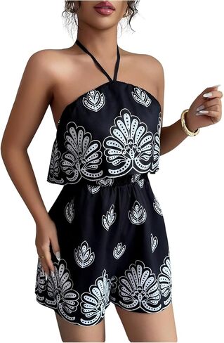 SweatyRocks Women's Open Back Boho Halter Romper Wide Leg Shorts Sleeveless Summer Jumpsuit in Kuwait