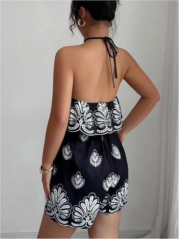 SweatyRocks Women's Open Back Boho Halter Romper Wide Leg Shorts Sleeveless Summer Jumpsuit in Kuwait