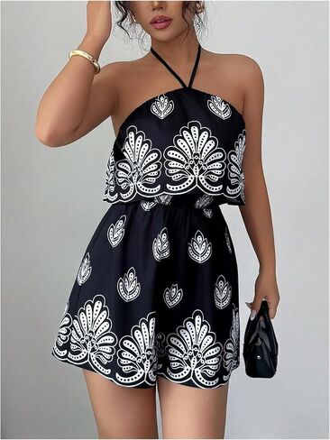 SweatyRocks Women's Open Back Boho Halter Romper Wide Leg Shorts Sleeveless Summer Jumpsuit in Kuwait