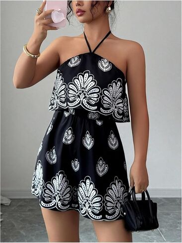 SweatyRocks Women's Open Back Boho Halter Romper Wide Leg Shorts Sleeveless Summer Jumpsuit in Kuwait