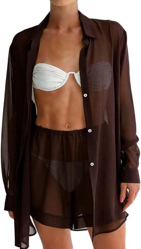 Gihuo 2 Piece Womens Swimsuit Bikini Coverup Summer Beach Outfits Sheer Button Up Blouse Mesh Lounge Set in Kuwait