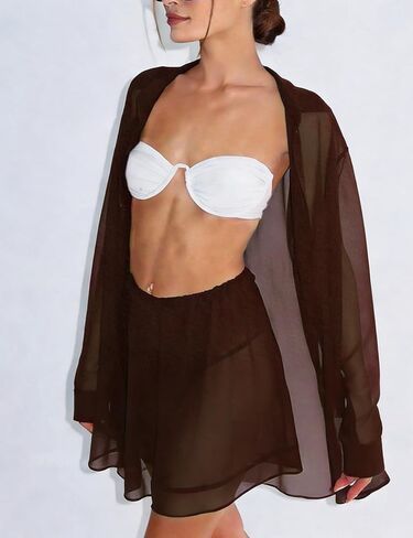 Gihuo 2 Piece Womens Swimsuit Bikini Coverup Summer Beach Outfits Sheer Button Up Blouse Mesh Lounge Set in Kuwait