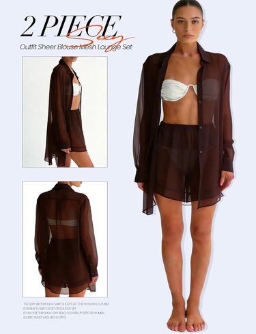 Gihuo 2 Piece Womens Swimsuit Bikini Coverup Summer Beach Outfits Sheer Button Up Blouse Mesh Lounge Set in Kuwait