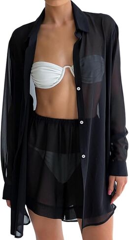 Gihuo 2 Piece Womens Swimsuit Bikini Coverup Summer Beach Outfits Sheer Button Up Blouse Mesh Lounge Set in Kuwait