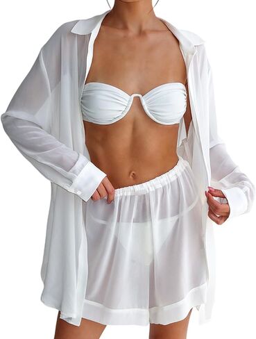 Gihuo 2 Piece Womens Swimsuit Bikini Coverup Summer Beach Outfits Sheer Button Up Blouse Mesh Lounge Set in Kuwait