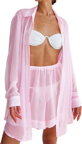 Gihuo 2 Piece Womens Swimsuit Bikini Coverup Summer Beach Outfits Sheer Button Up Blouse Mesh Lounge Set in Kuwait