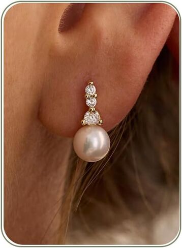 HANLI Pearl Earrings for Women – 14K Gold Plated Dangle Drop Earrings Elegant Bridal Wedding Pearl Earrings Bridesmaid Jewelry Gifts in Saudi Arabia