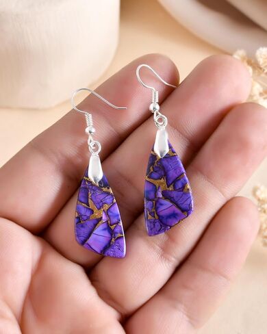 Natural Pink Copper Turquoise Fancy Gemstone Boho Dangle Earrrings for Women Trendy Fishhook Sterling Silver Earrings for Her in Kuwait