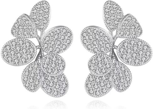 Silver Cubic Zirconia Flower Earrings for Women，Statement Leaf Jewelry Gift for Wedding Prom Party in Saudi Arabia