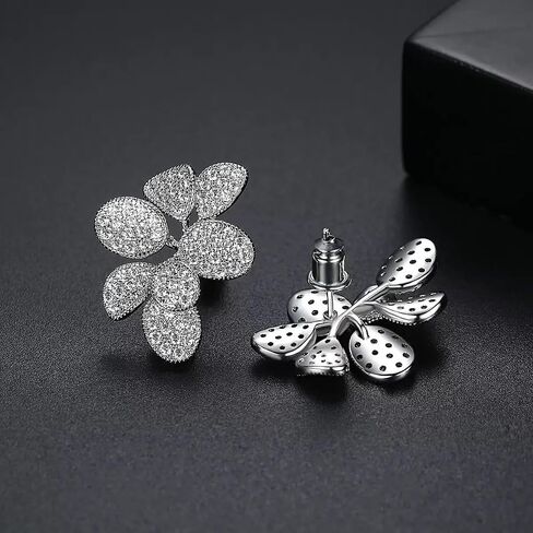 Silver Cubic Zirconia Flower Earrings for Women，Statement Leaf Jewelry Gift for Wedding Prom Party in Saudi Arabia