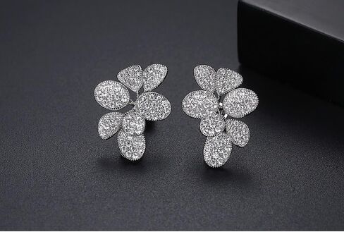 Silver Cubic Zirconia Flower Earrings for Women，Statement Leaf Jewelry Gift for Wedding Prom Party in Saudi Arabia