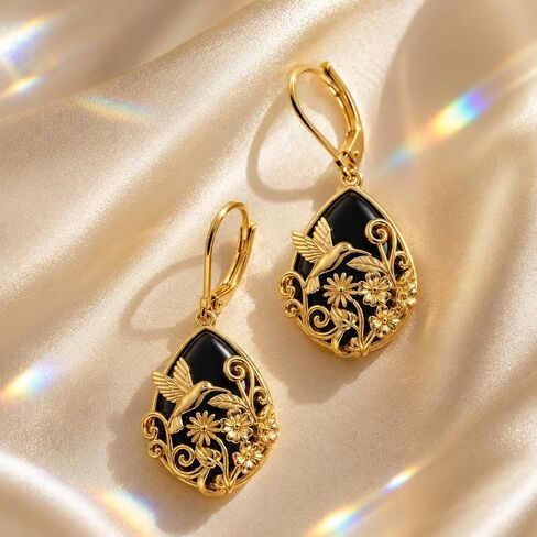 Black Onyx Earrings 14K Gold Plated Filigree Drop Drip Earrings Vintage Boho Teardrop Earrings Jewelry Gifts for Women Girls in Saudi Arabia