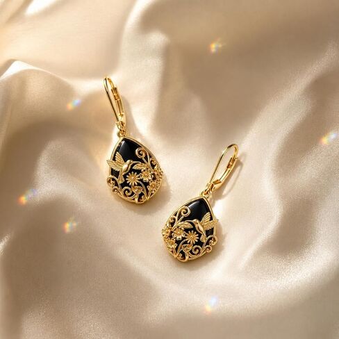 Black Onyx Earrings 14K Gold Plated Filigree Drop Drip Earrings Vintage Boho Teardrop Earrings Jewelry Gifts for Women Girls in Saudi Arabia