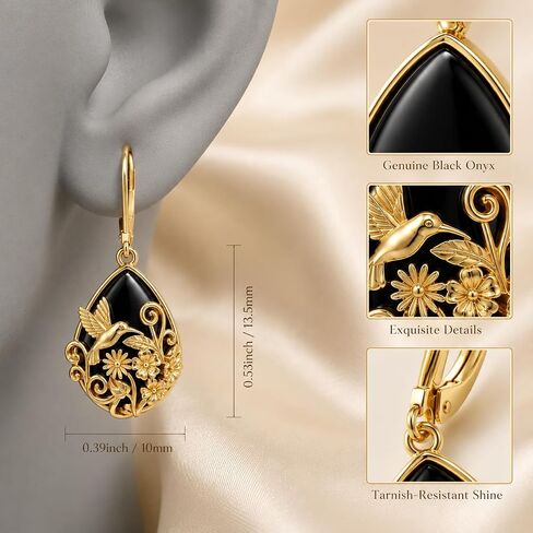 Black Onyx Earrings 14K Gold Plated Filigree Drop Drip Earrings Vintage Boho Teardrop Earrings Jewelry Gifts for Women Girls in Saudi Arabia