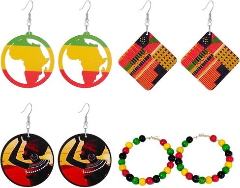 MALOYANVE 4 Pairs Black History Month Juneteenth Earrings for Women Africa Map Queen Earrings Handmade African Portrait Round Wooden Earrings Jewelry in Kuwait