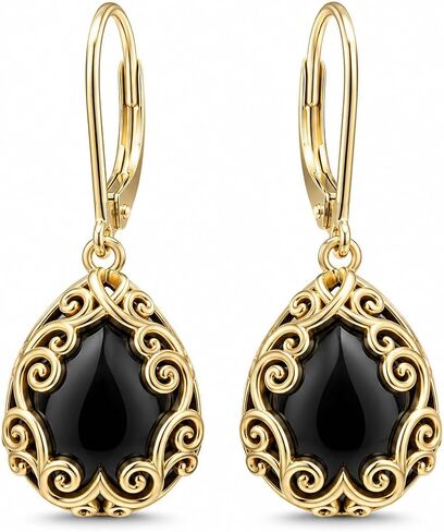 Black Onyx Earrings 14K Gold Plated Filigree Drop Drip Earrings Vintage Boho Teardrop Earrings Jewelry Gifts for Women Girls in Saudi Arabia