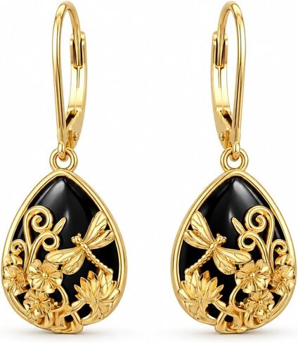 Black Onyx Earrings 14K Gold Plated Filigree Drop Drip Earrings Vintage Boho Teardrop Earrings Jewelry Gifts for Women Girls in Saudi Arabia