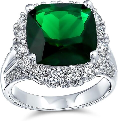 Bling Jewelry 7CT Cubic Zirconia Green Simulated Emerald Cut Fashion CZ Cushion Cut Statement Ring For Women Silver Plated Brass in Kuwait