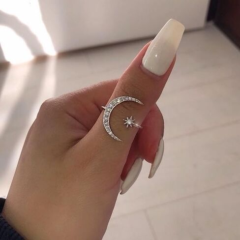 1PC Star and Moon Adjustable Rings, Open Ring Moon and Star Open Band Ring, Adjustable Ring Jewelry for Women in Kuwait