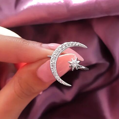 1PC Star and Moon Adjustable Rings, Open Ring Moon and Star Open Band Ring, Adjustable Ring Jewelry for Women in Kuwait
