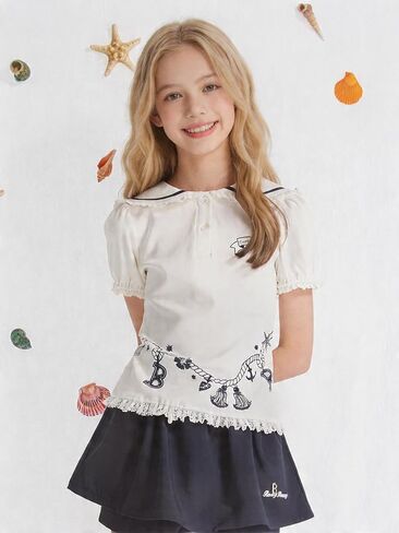 Girls Sailor Collar Blouse White Short Sleeve Top Cute Nautical Ruffle Trim Shirt Summer Outfit for 6-16Y in Saudi Arabia