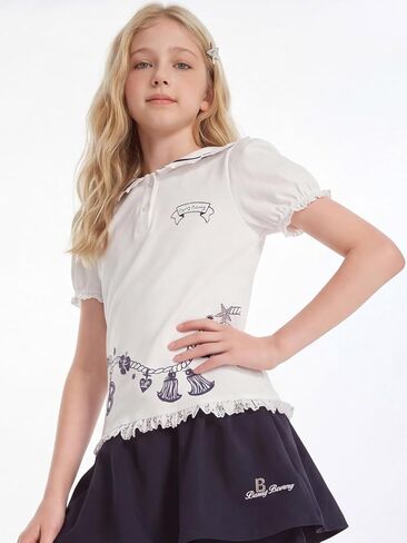 Girls Sailor Collar Blouse White Short Sleeve Top Cute Nautical Ruffle Trim Shirt Summer Outfit for 6-16Y in Saudi Arabia