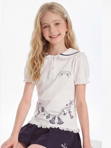 Girls Sailor Collar Blouse White Short Sleeve Top Cute Nautical Ruffle Trim Shirt Summer Outfit for 6-16Y in Saudi Arabia