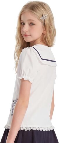 Girls Sailor Collar Blouse White Short Sleeve Top Cute Nautical Ruffle Trim Shirt Summer Outfit for 6-16Y in Saudi Arabia