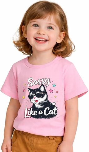 Kids Toddler Girls Cat T-Shirt Cute Cartoon Cat Graphic Tee Short Sleeve Summer Tops Funny Crazy Cat Lady Shirt for 2-7 Years in Kuwait