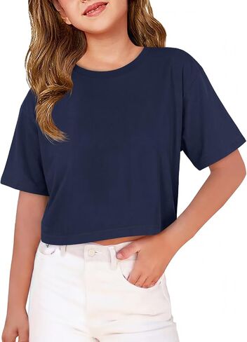 ZDC Girls T Shirts Short Half Sleeve Crew Neck Drop Shoulder Loose Fit Summer Crop Tops 5-14 Years in Saudi Arabia