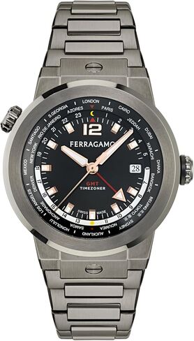 ساعة Ferragamo F-80 GMT Worldtime Collection الفاخرة للرجال مع سوار رمادي يتميز بعلبة مسدس وميناء أسود in Kuwait