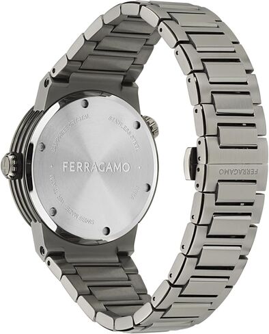 ساعة Ferragamo F-80 GMT Worldtime Collection الفاخرة للرجال مع سوار رمادي يتميز بعلبة مسدس وميناء أسود in Kuwait