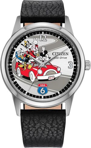 CITIZEN Men's Eco-Drive Mickey's Friends, 40mm Silver-Tone Stainless Steel Case with a Black Leather Strap & Silver-Tone Dial (Style: FE7110-09W) in Kuwait