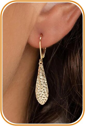 Dangle Earrings for Women - 14K Gold/White Gold Plated Hammered Texture Drop Dangle Earrings for Women with Leverback Closure Lightweight Minimalist Earrings in Saudi Arabia
