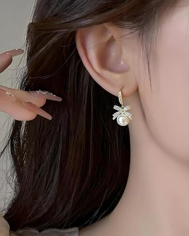 14K Gold Plated Pearl Dangle Earrings for Women - White Pearl Drop Infinity Design Hypoallergenic Jewelry Gift Set in Saudi Arabia