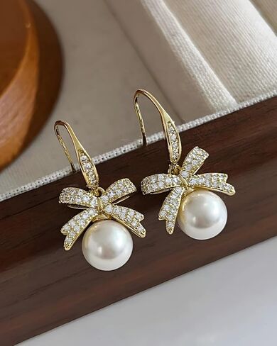 14K Gold Plated Pearl Dangle Earrings for Women - White Pearl Drop Infinity Design Hypoallergenic Jewelry Gift Set in Saudi Arabia