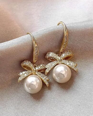 14K Gold Plated Pearl Dangle Earrings for Women - White Pearl Drop Infinity Design Hypoallergenic Jewelry Gift Set in Saudi Arabia