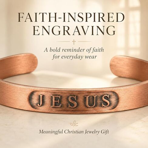 Pure Copper Bracelet for Men & Women, JESUS Engraved Adjustable Open Bangle, Uncoated Hammered Christian Jewelry Gift in Saudi Arabia