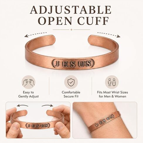 Pure Copper Bracelet for Men & Women, JESUS Engraved Adjustable Open Bangle, Uncoated Hammered Christian Jewelry Gift in Saudi Arabia