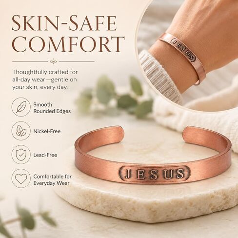 Pure Copper Bracelet for Men & Women, JESUS Engraved Adjustable Open Bangle, Uncoated Hammered Christian Jewelry Gift in Saudi Arabia