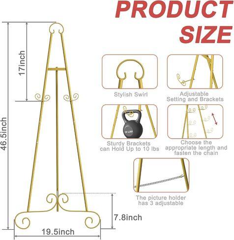 46" H Metal Round Tube Scroll Display Easel, Vintage Gold Decorative Large Adjustable Floor Standing Easel with Chain Support, Perfect for Showcasing Pictures, Artwork, Picture Frame Wedding Sign Etc in Kuwait