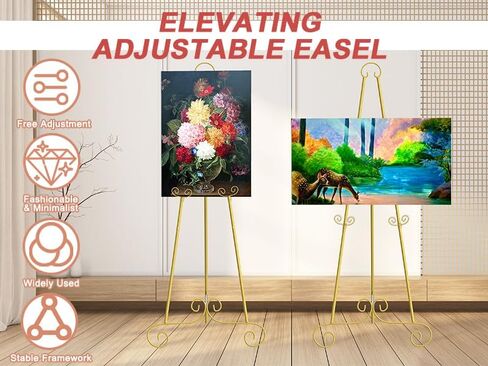 46" H Metal Round Tube Scroll Display Easel, Vintage Gold Decorative Large Adjustable Floor Standing Easel with Chain Support, Perfect for Showcasing Pictures, Artwork, Picture Frame Wedding Sign Etc in Kuwait